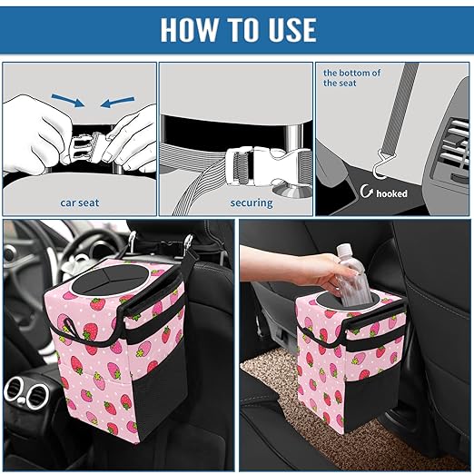 Pink Strawberry Car Trash Can with Lid Collapsible Reusable Waterproof Car Garage Bag,Automotive Garbage Can,Car Accessories Interior Car Organizer