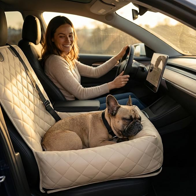 Microfiber Leather Dog Car Seat for Small & Medium Dogs, Waterproof Pet Car Seat with Washable Pee Pad, Scratch & Fur Resistant, Foldable Dog Bed for Home & Travel, Non-Slip Design, Matte Beige