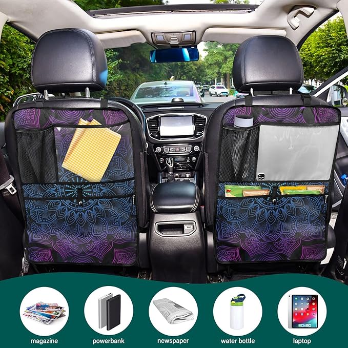 JIPONI Car Backseat Organizer, Boho Mandala Automotive Back Seat Protector, Kick Mats with Storage Pockets for Kids Pets, Road Trip Accessories