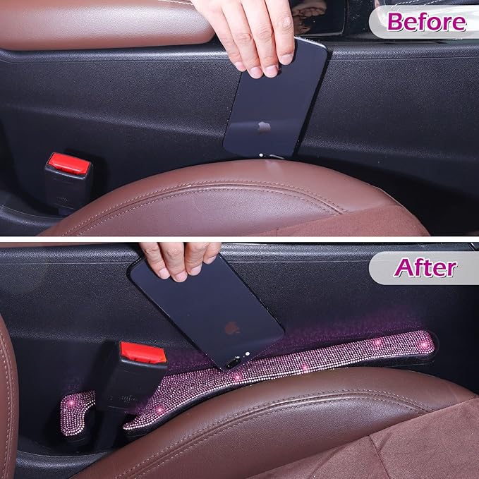 Briwill Pink Car Seat Gap Filler, Set of 2 Pink Bling Car Gap Filler Universal Fit for Car SUV Truck, Handmade Crystal Rhinestone Diamond Pink Bling Car Accessories for Women(Pink)
