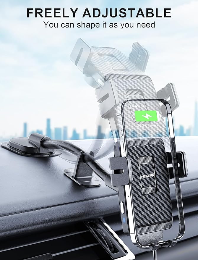 MOKPR Wireless Car Charger, Adjustable Gooseneck Car Mount Auto-Clamping Car Charger, Dashboard [with Anti Shake stabilizer] Phone Holder fit for iPhone 17 16 15 14 13 12, Samsung S24 S23 S22, etc