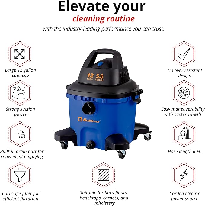 Koblenz Wet-Dry Vacuum, 12 Gallon Tank, 5.5 HP Vacuum Cleaner with 2-1/2" in x 7' Locking Hose, with a Blower Function, Blue/Black, 5 Year Warranty, with Included Accessories, WD-12 L4