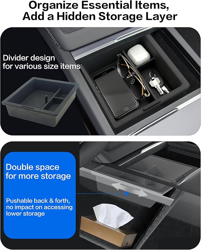 for Tesla Model Y 2025 2026 Juniper & Model 3 2024 Highland Center Console Organizer [Double Layer Space, Slide Smoothly (Model 3&y, 4P)