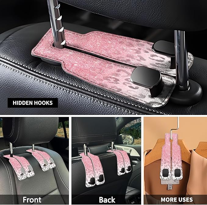 Car Seat Headrest Hook, Universal Leather Cute Hanger Holder Hook, Storage Organizer Interior Accessories for Purse Bags Handbag Pink Glitter Leopard