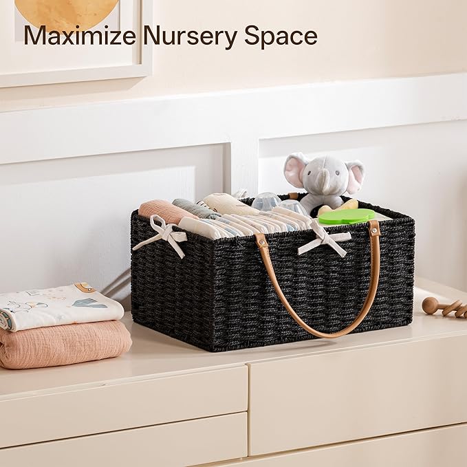 Angelhood Large Paper Rope Diaper Caddy, Baby Essentials Organizer, Portable Baby Shower Baskets Gift Bin, Car Storage Bag for Nursery