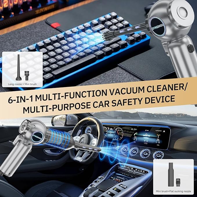 Handheld Car Vacuum Portable Cordless（Equipped with a one-touch window breaker and seatbelt cutter)25000Pa High-Power Suction Hand held Vacuum Cleaner & Air Duster for Car Cleaning (（silver gray）)