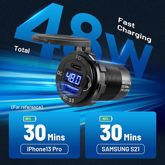 Anina Club Car Charger 12V 24V 36V 48V 60V 30W PD QC 3.0 Dual Port Type C Charger Fast Charging High Voltage USB Outlet for Club Car Boat Marine Bus Truck Golf RV Motorcycle