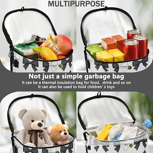 Car Trash Can Black White Bows Car Garbage Bag with Lid Hanging Waterproof Leak Proof Vehicle Storage Bin