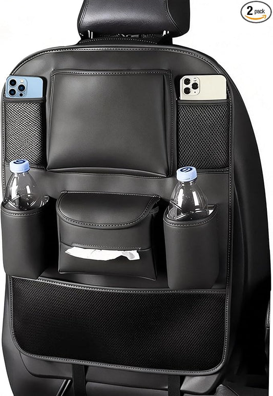 Car Backseat Organizer with Touch Screen Tablet Holder,7 Storage Pockets Protectors Kick Mats Travel Accessories for Kids-Black