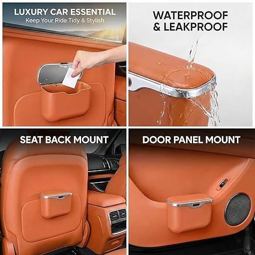 Car Trash Can with Lid - Leakproof Hanging Car Garbage Bin for Door & Seat Back - Waterproof Auto Trash Bag & Multifunctional Storage Organizer for SUV, Truck, Sedan (Orange)