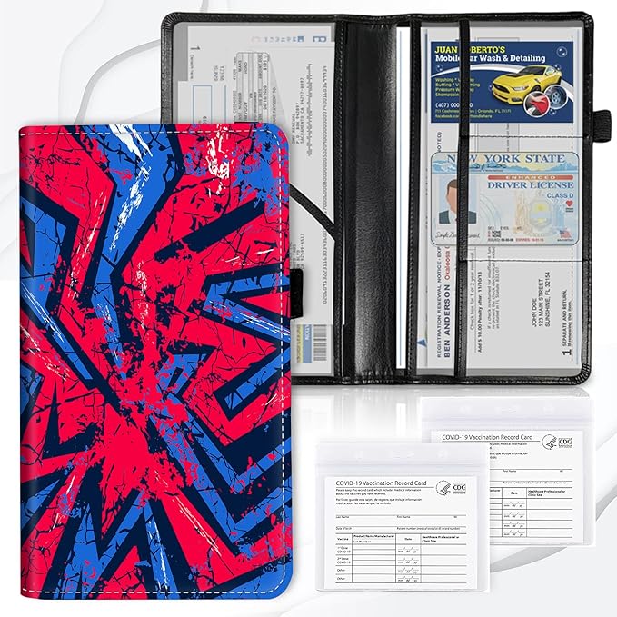 Car Registration and Insurance Card Holder, Vehicle License Documents Glove Box Compartment Organizer Wallet, ID Card Holder for Car Essentials Automobile, Red Blue Abstract