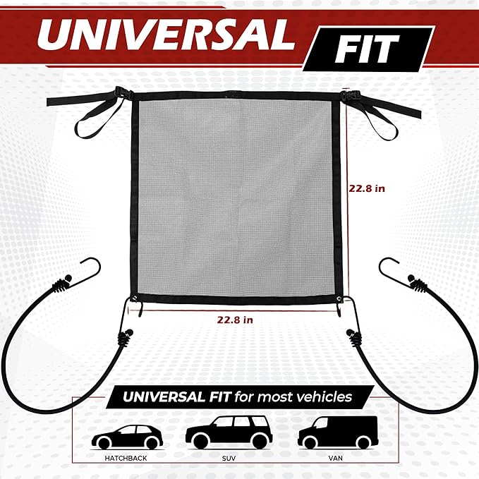 Universal Dog Car Net Barrier – Sturdy Mesh, Easy Install, Breathable Design, Easy to Clean, Flexible Bungee Cords for Adjustable Fit 23"×23" (Black)