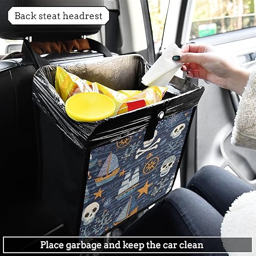 Car Trash Can Organizer Bin with Adjustable Strap for Back Front Seat Console Waterproof Leakproof Collapsible Portable 11 Inch Blue Pirate Skulls Sailboats Starfish and Compass