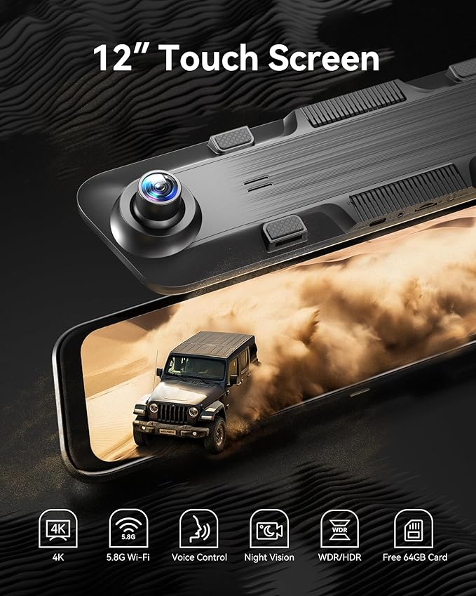 WOLFBOX G850 12" 4K Rear View Mirror Camera with 5.8GHz WiFi and Voice Control, Smart Mirror Dash Cam Front and Rear, Backup Camera with 1080P, Dash Cam with WDR, Includes 64GB Card & GPS