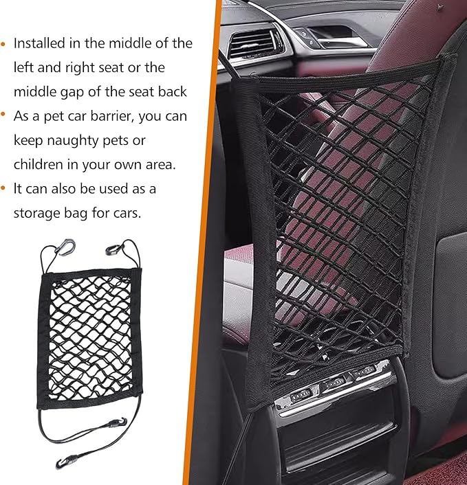 1 Pack Car Net Barrier for Seat, 10.2In x 11.4In Stretchable Vehicle Space Divider with Hook, Universal Anti-Falling Automotive Pet Barrier Mesh Replacement for Truck SUV Car (Black)