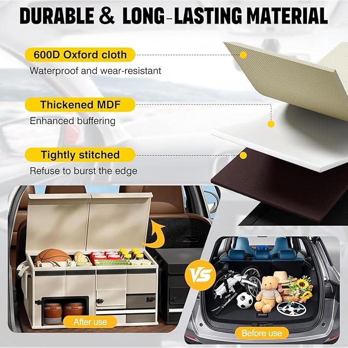 Foldable Car Trunk Organizer with Multi-Compartment – Expandable 30-60L Storage Bin, Side Mesh Pockets, Waterproof 600D Oxford Cloth, Car Accessories for SUV/Truck/Sedan, Beige, 23.6"x13.0"x11.8"