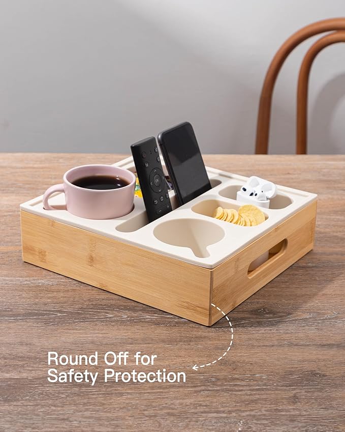 Couch Cup Holder with Lid, Silicone Bed Caddy with Cup Holder, Bed Organizer for Drinks, Snacks, Remotes, Bamboo Couch Caddy for Sofa, Bed and Car(Beige)