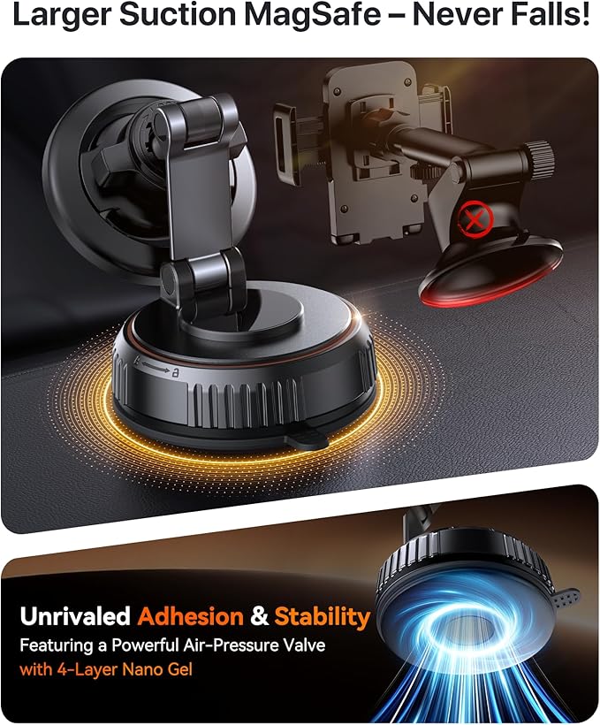 Miracase for MagSafe Car Mount [3600gf Strong Magnet & 89+LBS Suction Base] Vacuum Magnetic Phone Holders for Your Car, 360° Adjustable Dashboard & Windshield Mount for iPhone17-12 Pro Max Plus Air