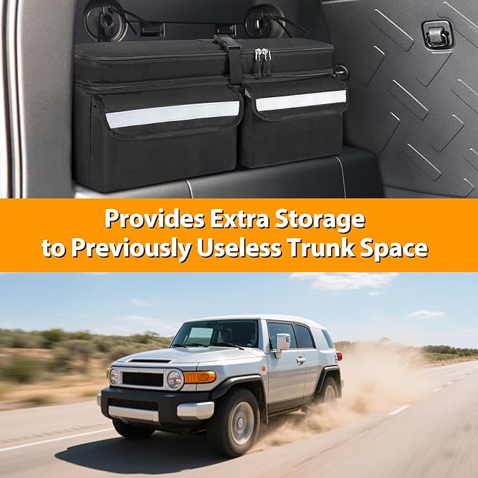 Car Trunk Organizer Compatible With Toyota FJ Cruiser 2007-2021, Multifunctional Car Storage Box with Lid, Double Layer Bag with 3 Wide Hook & Loop Tapes, Both Side with Straps to Fix, Black