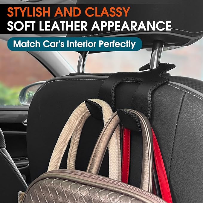 Car Headrest Hooks for Purses and Bags, Upgraded 2 in 1 Cars Back Seat Head Rest Hanger Vehicle Leather Organizer Storage Holder Hook Matching Cars Interior, 2-Pack, Black