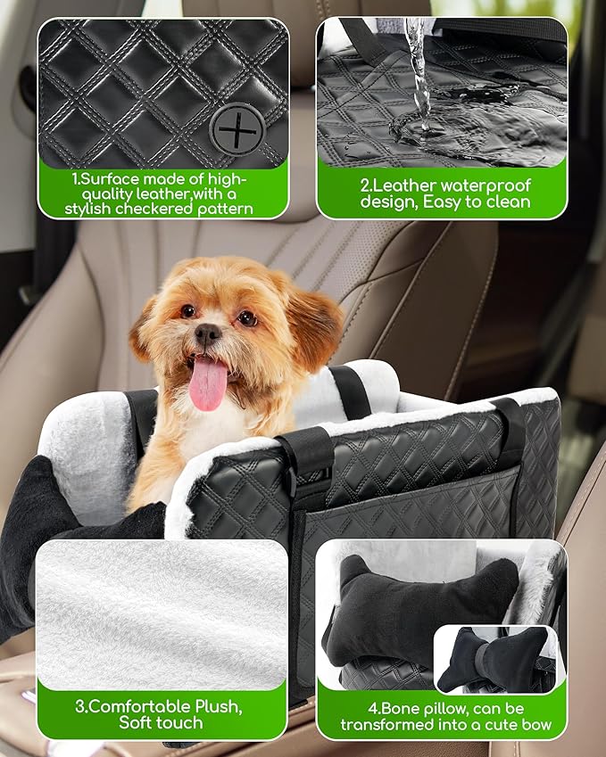 Center Console Dog Car Seat for Small Dogs, Soft Plush Car Bag for Dogs, Leather Portable Pet Cars Booster Seats, Convertible Handbag or Shoulder Bag with Cool Heat Pad, Support Pet Up to 12lbs