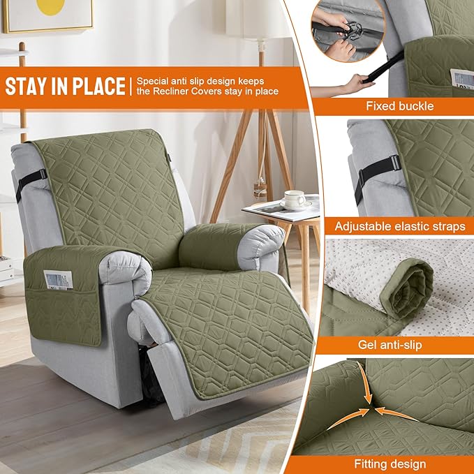 VANSOFY 100% Waterproof Recliner Chair Covers, Recliner Cover Non-Slip Dog Chair Cover Furniture Protector Washable Slipcover with Pocket, Elastic Straps for Pets, Dogs(Olive Green, 28")