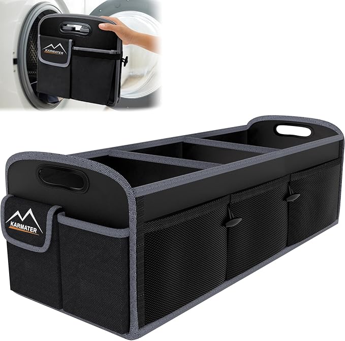 M KARMATER Car Trunk Organizer,Machine Washable PP Materials 3 Compartments Car Storage,95L Waterproof Polyester Cars Accessories Organizer and 6 Pockets, Suitable for SUV, Minivan, Truck(Black)