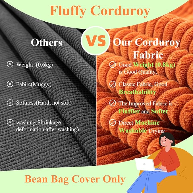 Stuffed Animal Storage Bean Bag Cover (No Filler), Corduroy Kids & Toddler Bean Bag Chair for Teens & Adults, Toy Storage Organizer, Comfy Sofa for Playroom (Amber Color, Kids (Cover Only）)