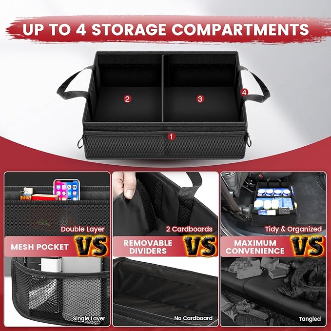 Under Seat Truck Organizer Storage Box with Removable Divider & 4 Storage Mesh Bag,Collapsible Trunk Organizer for Car, SUV, Truck, or Van(Full Size Trucks)