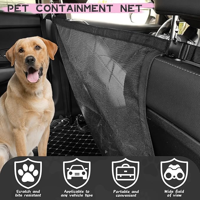 Dog Car Net Barrier, Universal Fit Sturdy Mesh, Convenient for Air Conditioning, Easy to Clean & Install, Travel Dog Fence with Flexible Bungee Cords for Seat Movement 23"×23" (Black)