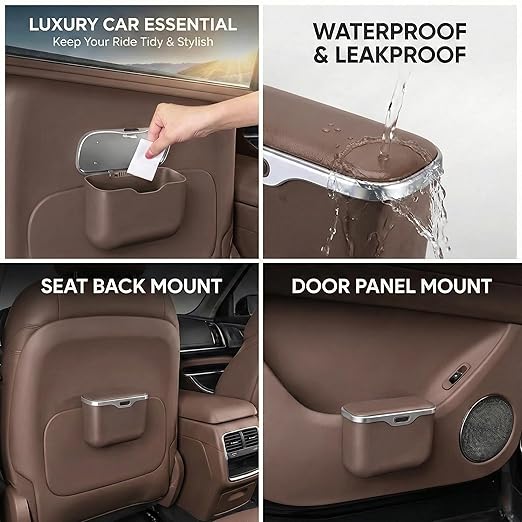 Car Trash Can with Lid - Leakproof Hanging Car Garbage Bin for Door & Seat Back - Waterproof Auto Trash Bag & Multifunctional Storage Organizer for SUV, Truck, Sedan (Brown)