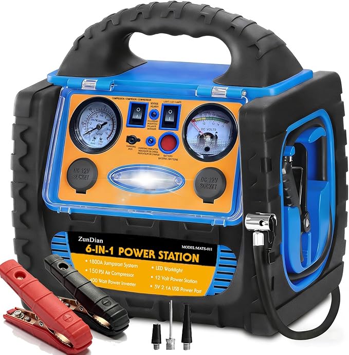 Car Battery Jump Starter with Air Compressor, 1800A Heavy-Duty Jump Starter 150 PSI Tire Inflator, 12V Jump Box Pack with 400W Inverter Power with AC/DC/USB Outlets& LED Light