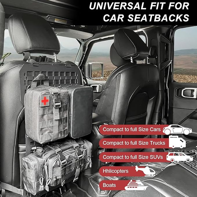 Rigid Molle Panels for Vehicles Truck Mount Rack Panel Tactical Seat Back Organizer Adjustable with 3 Storage Bag