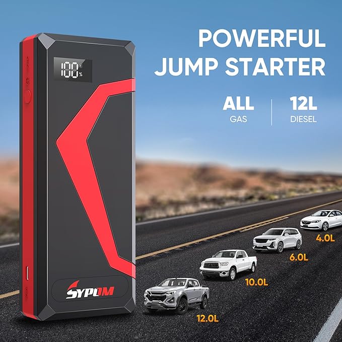 Portable Car Jump Starter, 4150A Peak Portable Car Battery Charger, 12V Battery Jump Box for Motorcycle, Truck Up to 12L Diesel, LED Light for Roadside Emergency Kit (Red)