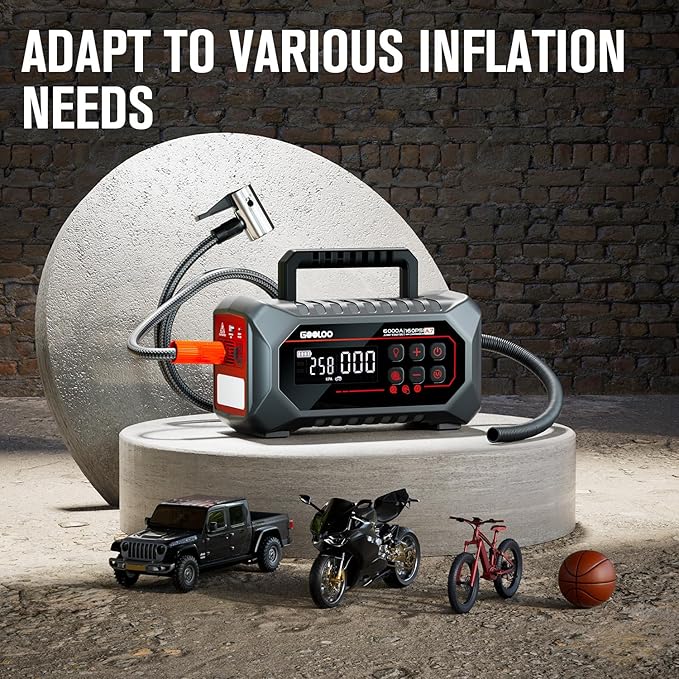 GOOLOO A7 Jump Starter with Air Compressor, 6000A &160PSI 12V Car Battery Jumper Starter Portable Booster Pack, 12-in-1 Jump Box (All Gas & 10L Disel) with Tire Inflator & Air Pump(Inflate& Deflate)