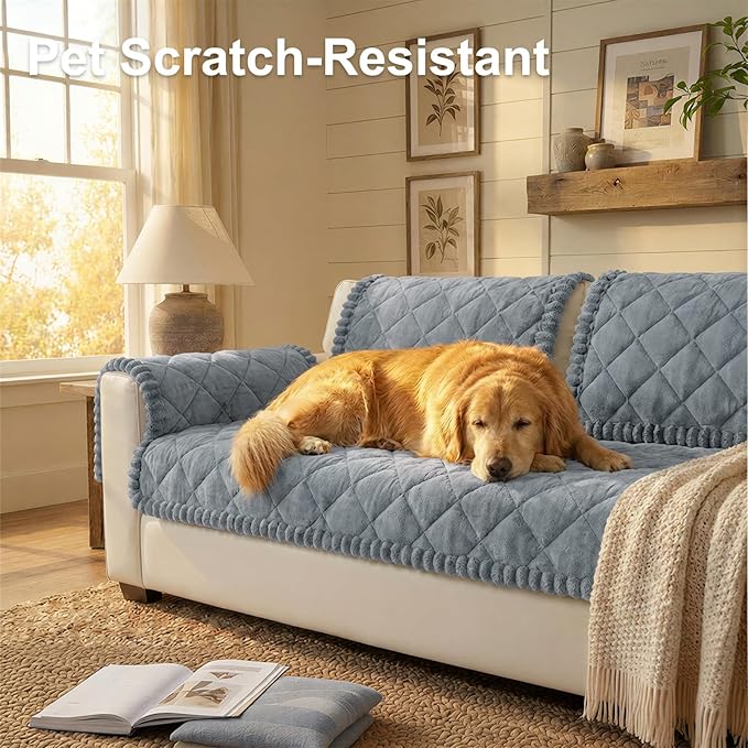Smiry Fuzzy Couch Cover for Dogs, Non Slip Washable Pet Sofa Cover, Scratch Proof Hair Resistant Plush Sofa Slipcover, Pet Friendly Couch Cushion Protector for Cat, Grey, 27.6" x 88"