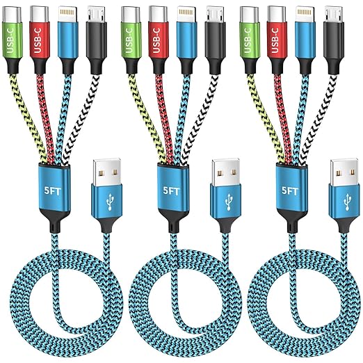 Travel Essentials,Dual Type-C 4 in 1 Multi Charging Cable, 3 Pack 5FT Universal Charging Cables for All Devices, 2 USB-C/Lightning/Micro USB Port, Compatible with iPhone 17 16/15 Series/Phone/Tablet