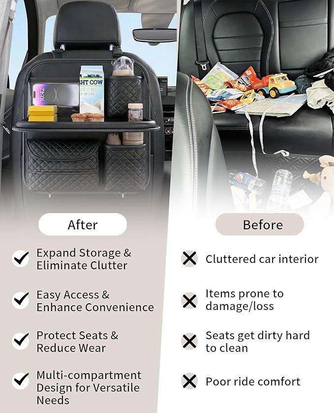 PU Leather Backseat Car Organizer with Tray, Cup Holder, Tablet Pocket & Tissue Holder, Back Seat Car Organizer for Kids and Women, Universal Car Seat Storage Organizer (Black)