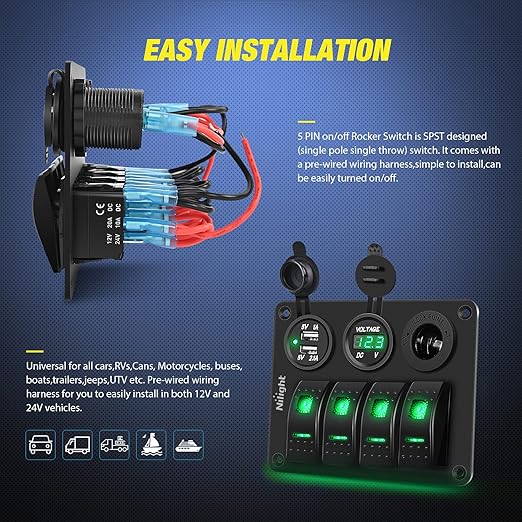 Nilight 4Gang Rocker Switch Panel with USB Charger Voltmeter and Cigar Lighter 12V 24V Toggle ON Off Green Night Glow Stickers for Cars Rvs Trucks