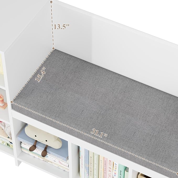 HOSTACK 67" W Kids Reading Nook with Toy Storage Organizer, Large Kids Bookshelf with Toy Storage Box on Wheels, Big Kid Bookcase with Bench and 6 Open Cubbies for Playroom, Kid Room, White