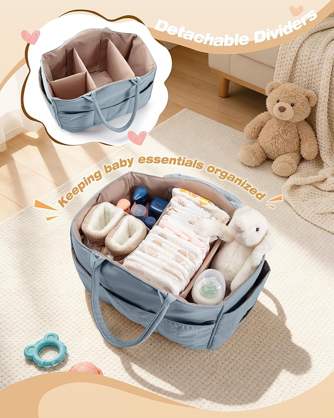 Quilted Baby Diaper Caddy with Detachable Dividers and Wipes Pocket, Lightweight Baby Caddy Organizer with Handles and 8 Pockets for Baby Stuff, Dusty Blue