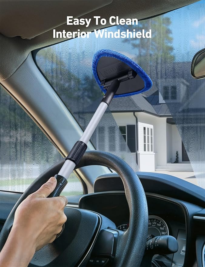 AstroAI Windshield Cleaner Tool, Car Interior Window Detailing Cleaning Kit with Extendable Handle and 4 Easy-to-Install Reusable Microfiber Pads, Auto Glass Wiper Brush Kit for Car&Home, Blue, 21in