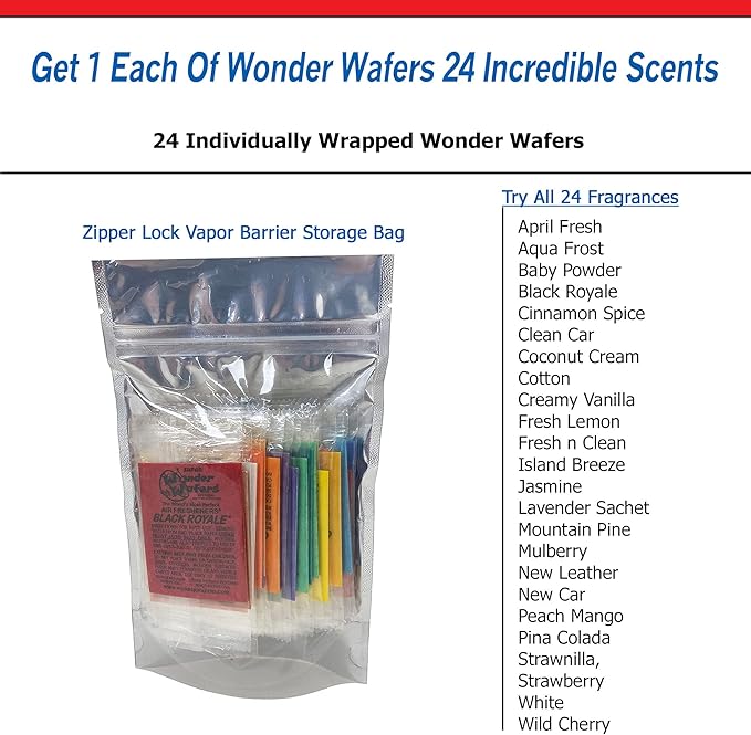 Wonder Wafers Car Air Freshener, Sample Pack, Resealable Vapor Barrier Bag, Includes All 24 Scents (24 Pack)