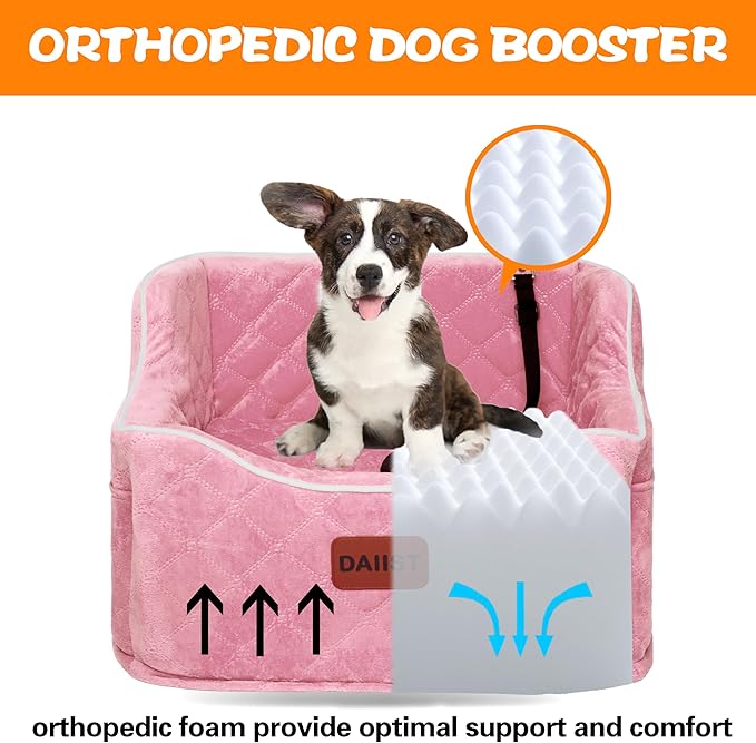 Dog Car Seat for Small Medium Dogs, Detachable Washable Dogs Booster Seat Under 35lbs, Elevated Dog Car Bed with Storage Pockets (Pink, One Size)