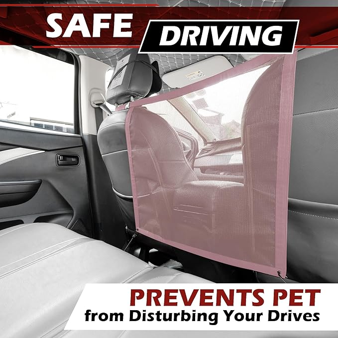 Universal Dog Car Net Barrier – Sturdy Mesh, Easy Install, Breathable Design, Easy to Clean, Flexible Bungee Cords for Adjustable Fit 23"×23" (Pink)