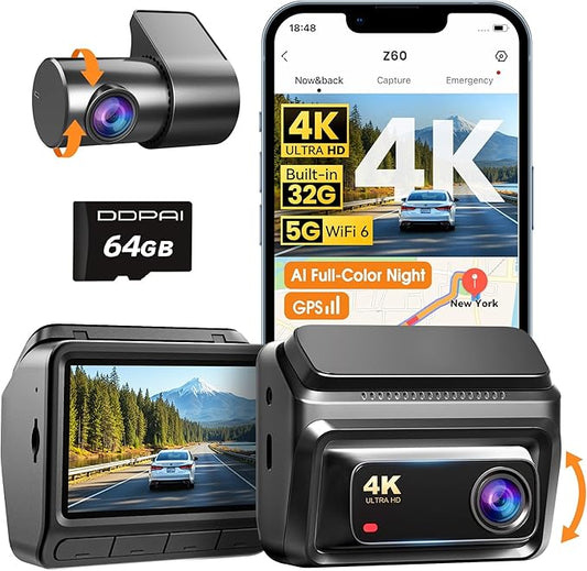 DDPAI 4K Dash Cam Front and Rear, Built-in 32G eMMC Dual Dash Car Camera,64GB Card Included Dashcam,Night Vision Dash Camera,5GHz WiFi, 7 Days Parking Mode,GPS,3" IPS, ADAS, WDR, Support 512GB,Z60