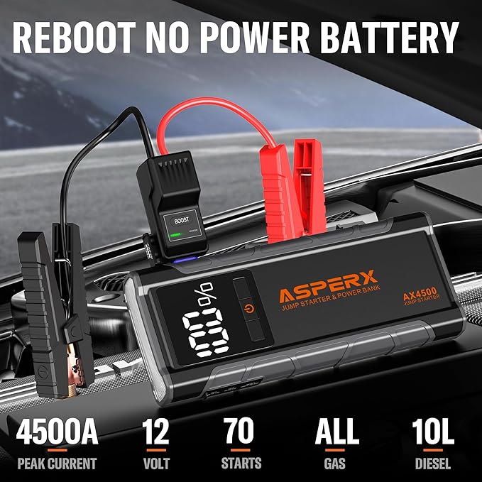 AsperX AX4500 Jump Starter, 4500A Peak Car Jump Starter for Up to All Gas and 10.0L Diesel Engines, 12V Battery Starter with 4 Inch LCD Display, Lithium Battery Booster with Built-in LED Light