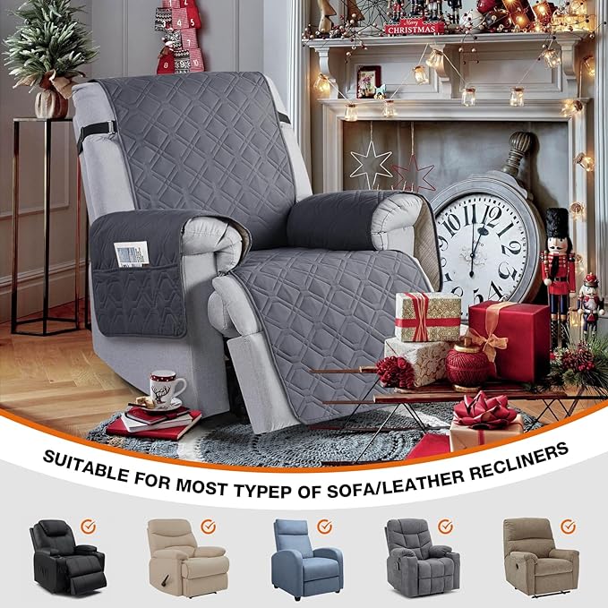 VANSOFY 100% Waterproof Recliner Chair Covers, Recliner Cover Non-Slip Dog Chair Cover Furniture Protector Washable Slipcover with Pocket, Elastic Straps for Pets, Dogs(Dark Gray, 22")