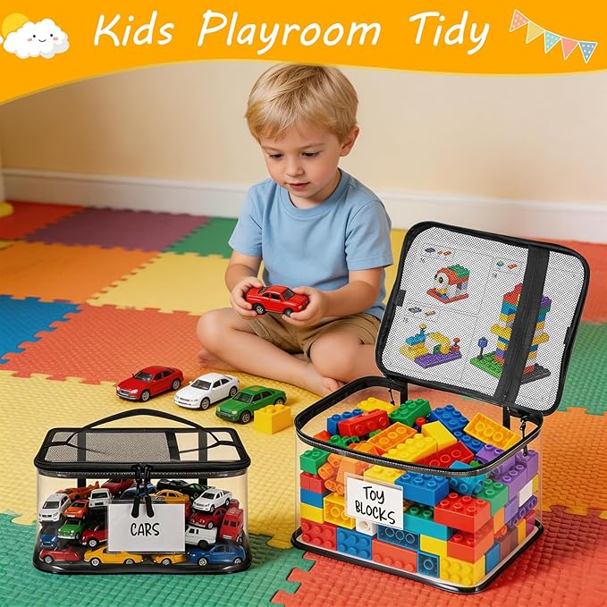 6 Pack Large Toy Storage Bags, Clear Toy Organizer with Labels, Waterproof PVC Toy Organization and Storage for Building Blocks, Puzzles, Dolls and Board Games, for Kids Ages 3+