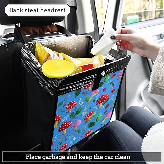 Car Trash Can Organizer Bin with Adjustable Strap for Back Front Seat Console Waterproof Leakproof Collapsible Portable 8.66 Inch Bright Blue Mushrooms Leaves and Ladybugs